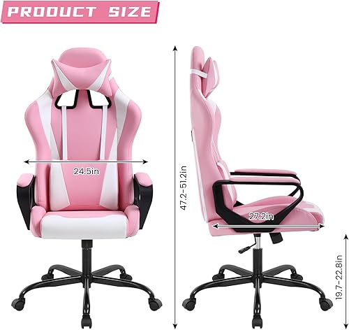 Miniatura 2 de Silla de juegos rosa, sillas ergonómicas de videojuegos de respaldo alto estilo carreras con soporte lumbar, reposacabezas y brazos, silla de juegos
