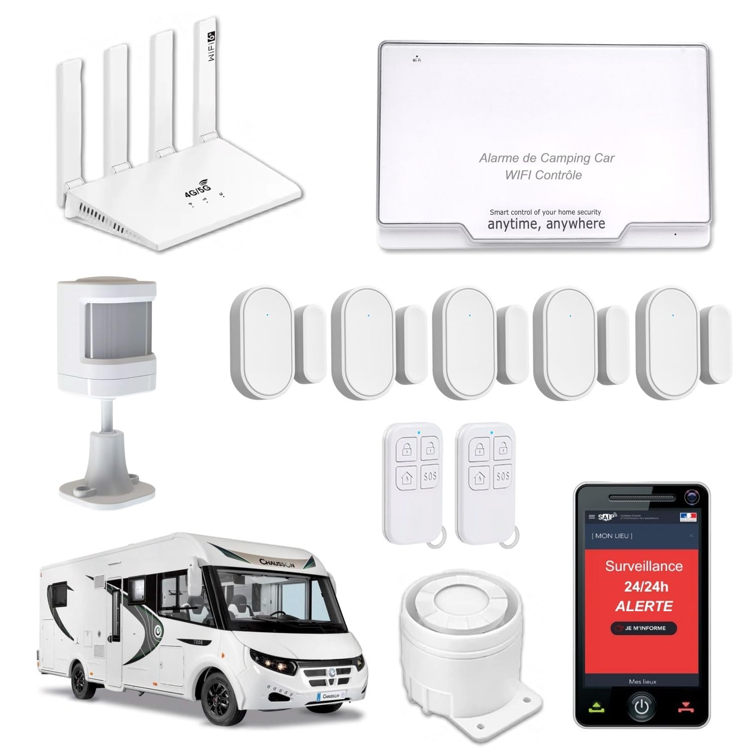 Nouveau - Alarme de Camping Car WiFi + Routeur 4G/5G WiFi-6 pour Une Surveillance 24h/24h - 2 Sirènes 120 DB - 5 Détecteurs de Portes et fenêtres - 1 détecteur de Mouvement - 2 Télécommandes