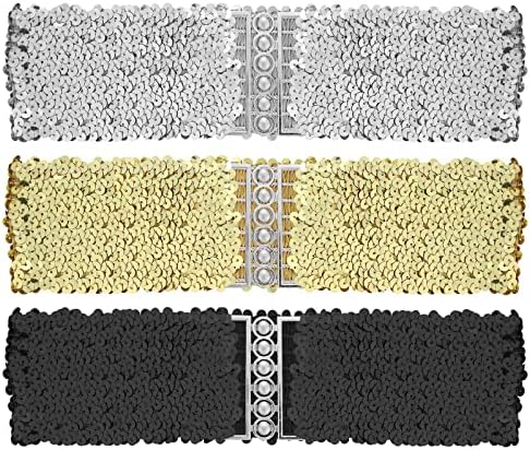 Thinp Grevosea 3 Pieces Sequin Belt Dress Belts for Girls, Gold Wide Waist Belt Elastic Stretch Waistband Cinch Belt Metal Buckle for 70s 80s Costume Party Disco Party Women Girls (Gold Silver Black)