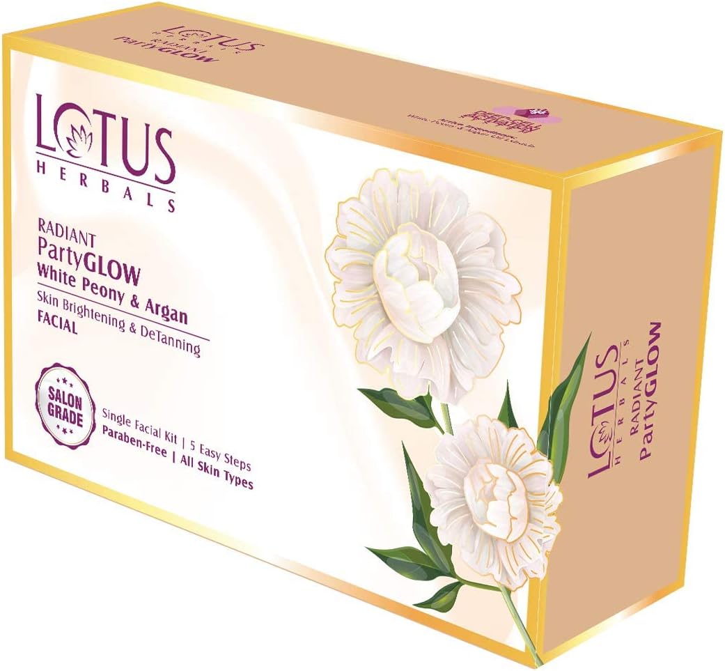 Lotus Herbals Radiant Party Glow White Peony & Argan Oil Skin Brightening, Detanning Facial Kit, 5 eenvoudige stappen, parabenen vrij, Salon Grade, Alle Huidtypen 50 g (Eenmalig gebruik)