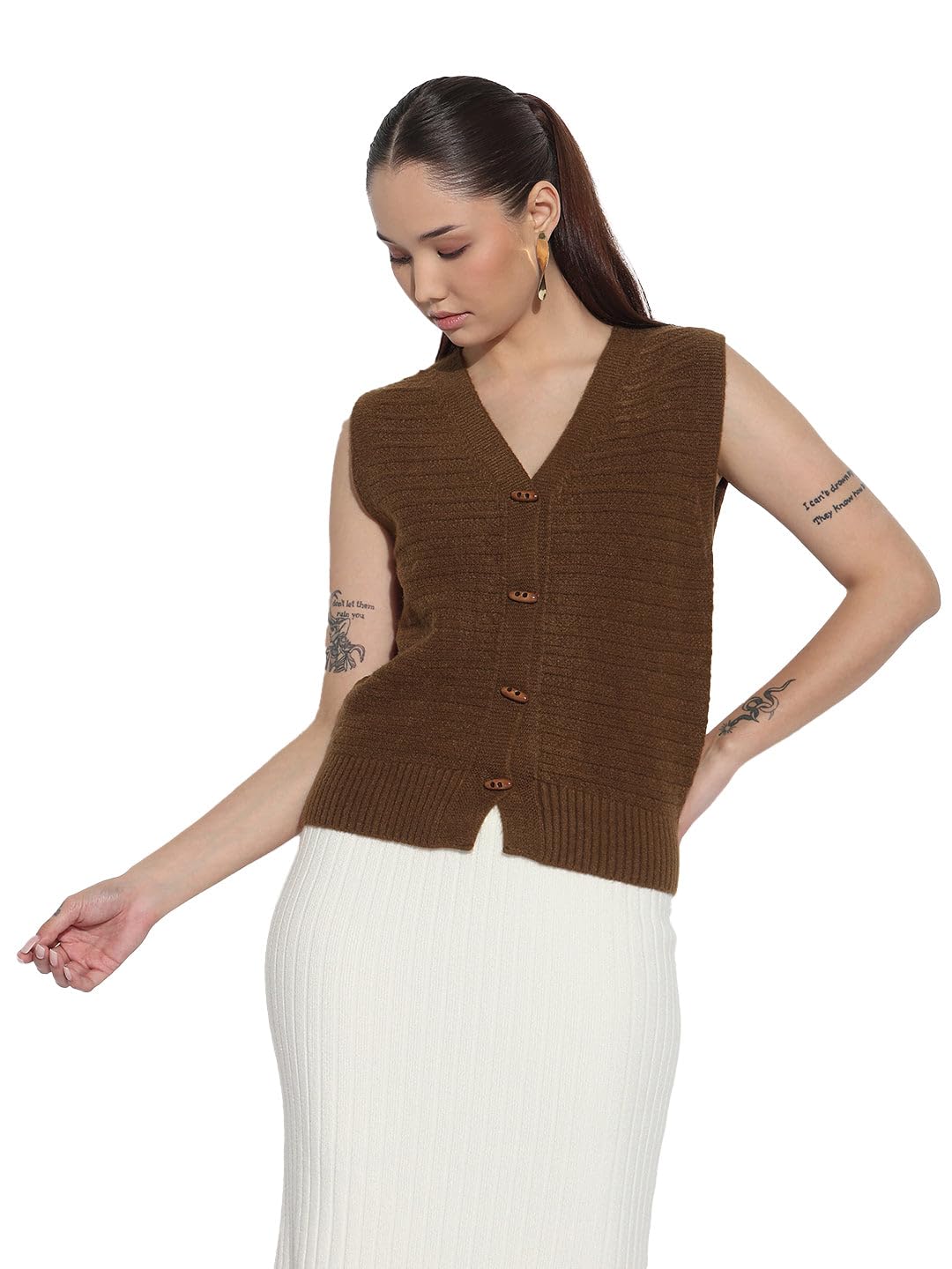 Edition Women's Brown V-Neck Sleeveless Knitted Top with Button Detail-CHN-6668_Brown-P-image-39