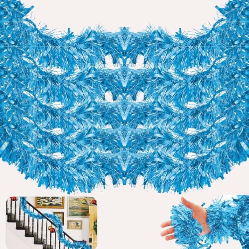 5x Ice Blue Tinsel Garlands 10M - Light Blue Chunky Fine Cut Christmas Tree Decoration Thick and Thin Blue Garlands for Xmas Party and Home Decoration