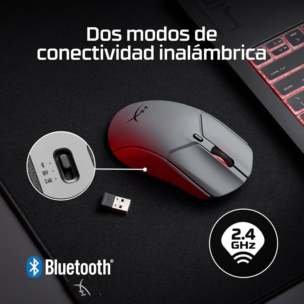 HyperX Pulsefire Haste 2 Pro - Ratón Gaming inalámbrico, RGB, Ultra-Ligero 61g, 4K, batería 90h, 6 Botones ópticos + Skates de Vidrio