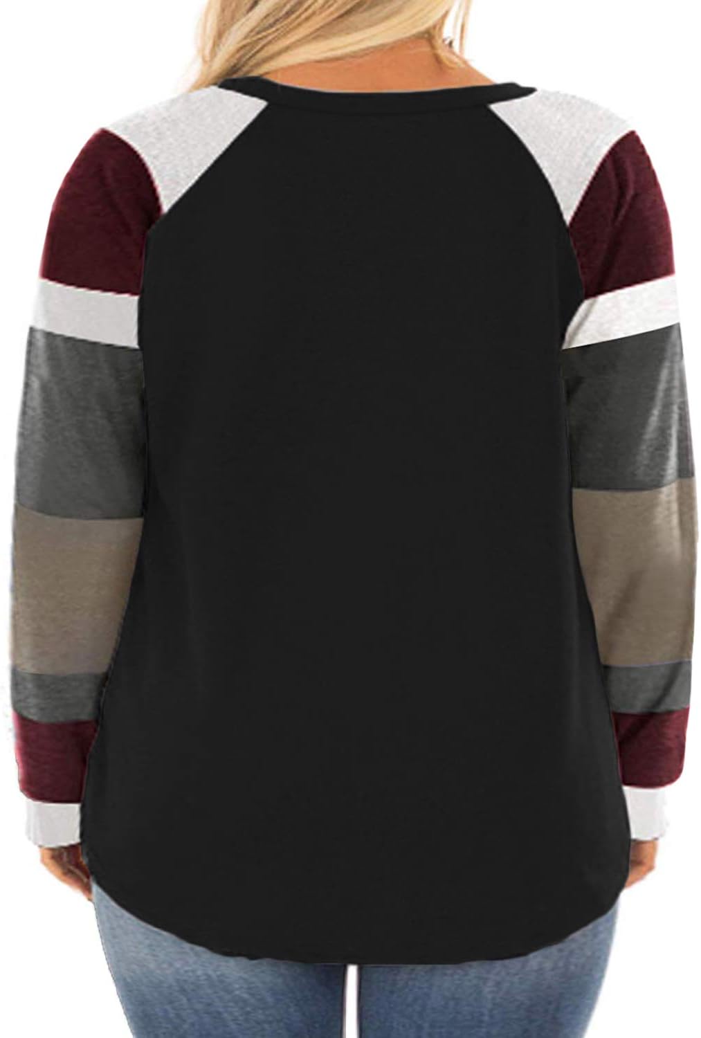ROSRISS Womens Plus Size Long Sleeve Tunic Crewneck Colorblock Striped Tee Shirt - Image 2