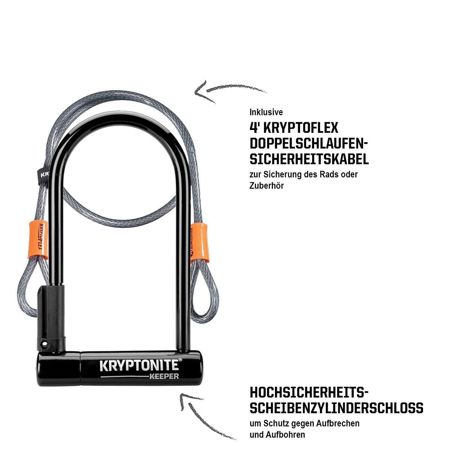 Kryptonite Keeper Standard Bügelschloss aus gehärtetem Stahl mit flexiblem Kabel und Vinylbeschichtung, Halterung, Sicherheitslevel 5/10, für Fahrräder, Gewicht 1,09 kg, 10,2 x 20,3 cm | Fahrradschlösser