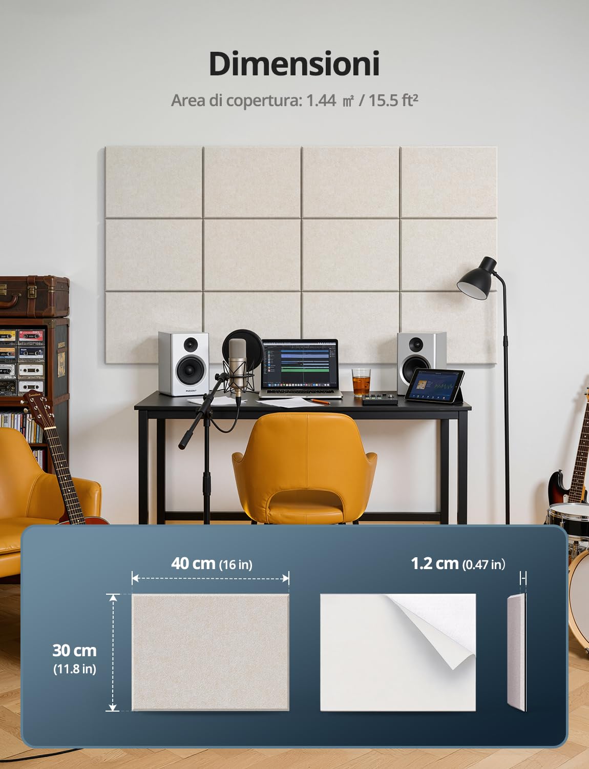Kuchoow Pannelli Fonoisolanti Rettangoli Insonorizzanti Autoadesivi Parete | 12 Pezzi, 40x30x0,9 cm, Design Decorativo, Riduce Rumori, Eco e Riverbero, Ideale per Soggiorno, Camera e Ufficio, Beige