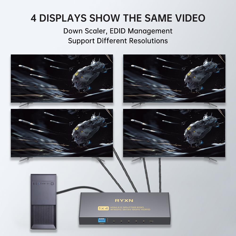 Splitter HDMI 4K 1 in 4 Out 60Hz, 1x4 HDMI 2.0 Splitter supporta 4K @60Hz 4:4:4, 2K a 144Hz/120Hz, HDCP 2.3, EDID, per PS5/PS4, Xbox, Apple TV, Fire Stick, lettore Blu-ray