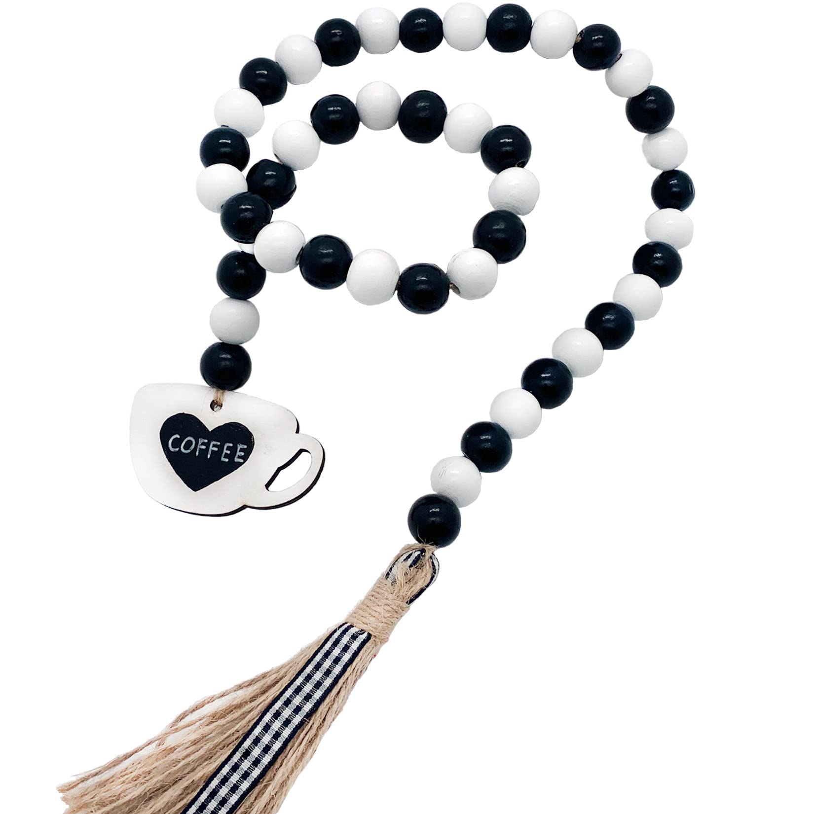 Kiaotime Black/White Coffee Bar Decor Wood Bead Garland With Jute Buffalo Plaid Tassels Farmhouse Tiered Tray Decorations Coffee Bar Kitchen Decor Coffee Station Ornaments Rustic Wood Coffee Mug Sign