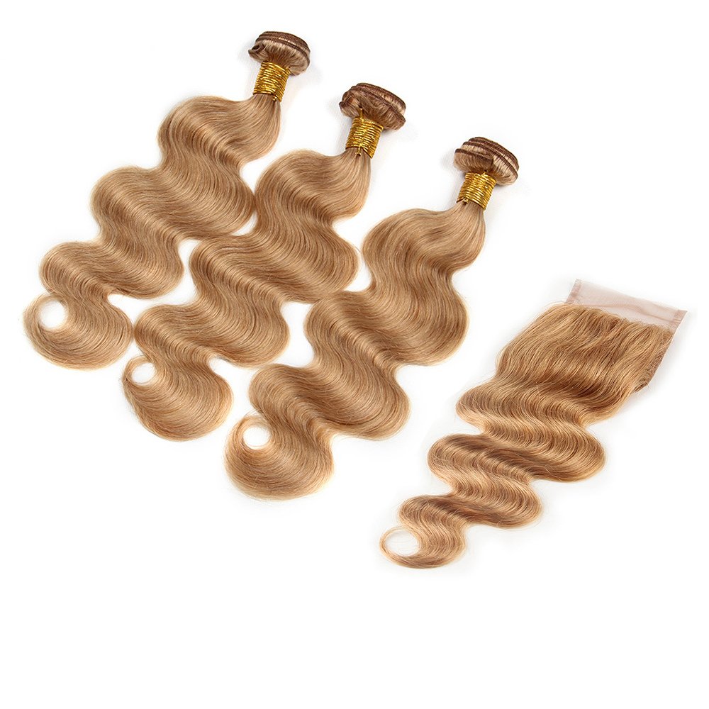 Mila 3 Bundles Human Hair Weave Body Wave 27# Honey Blonde 7A Brazilian Virgin Hair Bundles Extensions 100g/Bundles with Lace Closure(22"24"26"+20"closure)