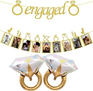 Engagement Banner Wedding Decorations, Ring Foil Balloon, Photo Banner and Gold Engaged Banner with Romantic Memories Picture Card Frames for Engaged/Wedding/Anniversary/Valentines Day Party (Gold)