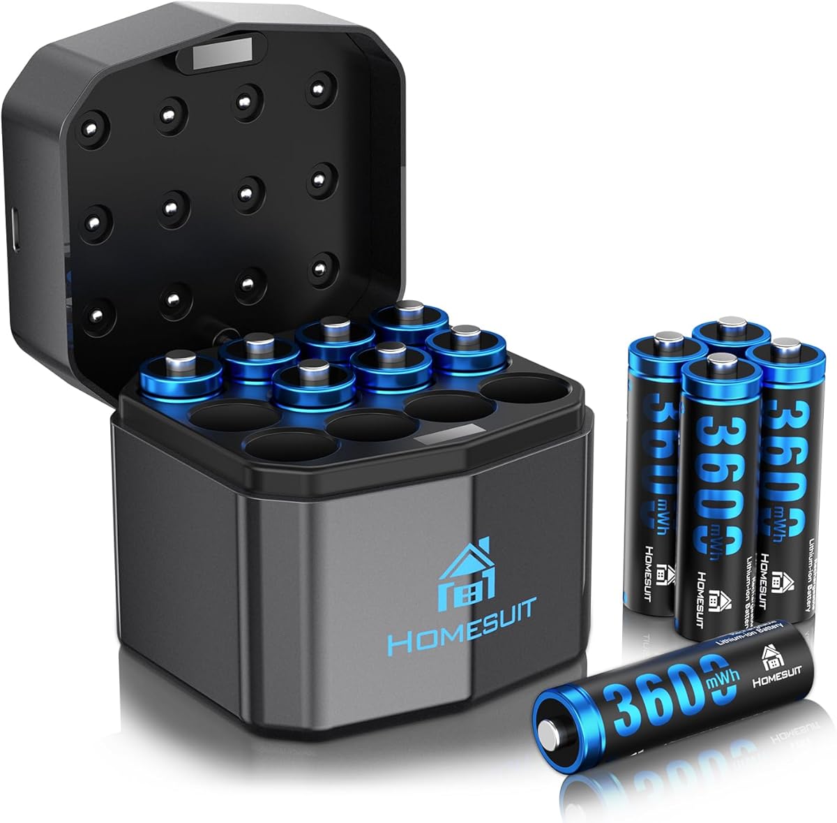 Homesuit Rechargeable Lithium AA Batteries with Charger 12 Bay, 1.5 Volt High Power 3600mWh Lithium Batteries AA Rechargeable, Li-ion Double A Battery 12 Pack Recharge up to 2000+ Cycles, Blue