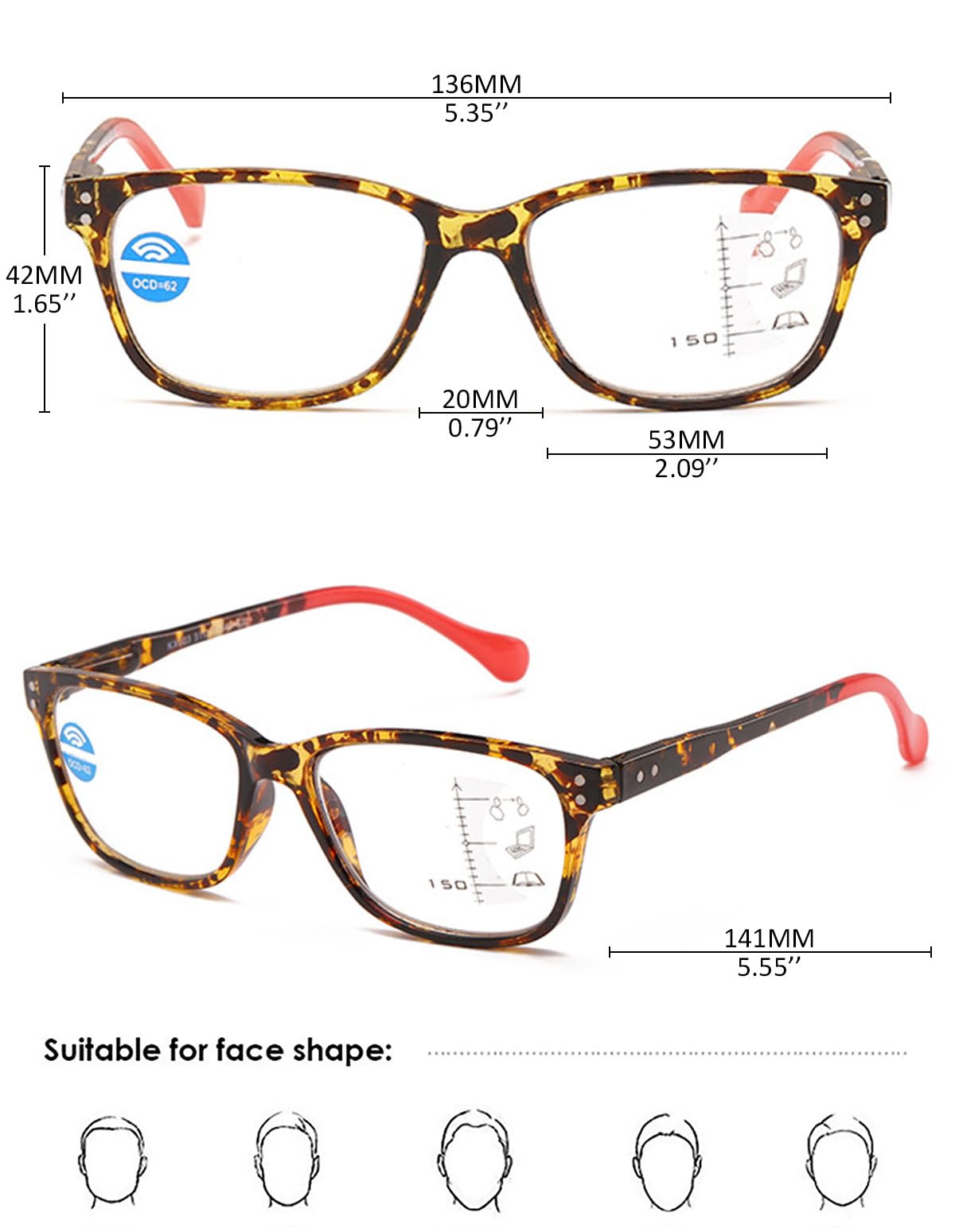 KOOSUFA Gleitsichtbrille Progressive Multifokus Lesebrille Damen Herren Anti-Blaulicht Federscharnier TR90 Rahmen Retro Lesehilfe Arbeitsplatzbrille 1,0 1,5 2,0 2,5 3,0 3,5