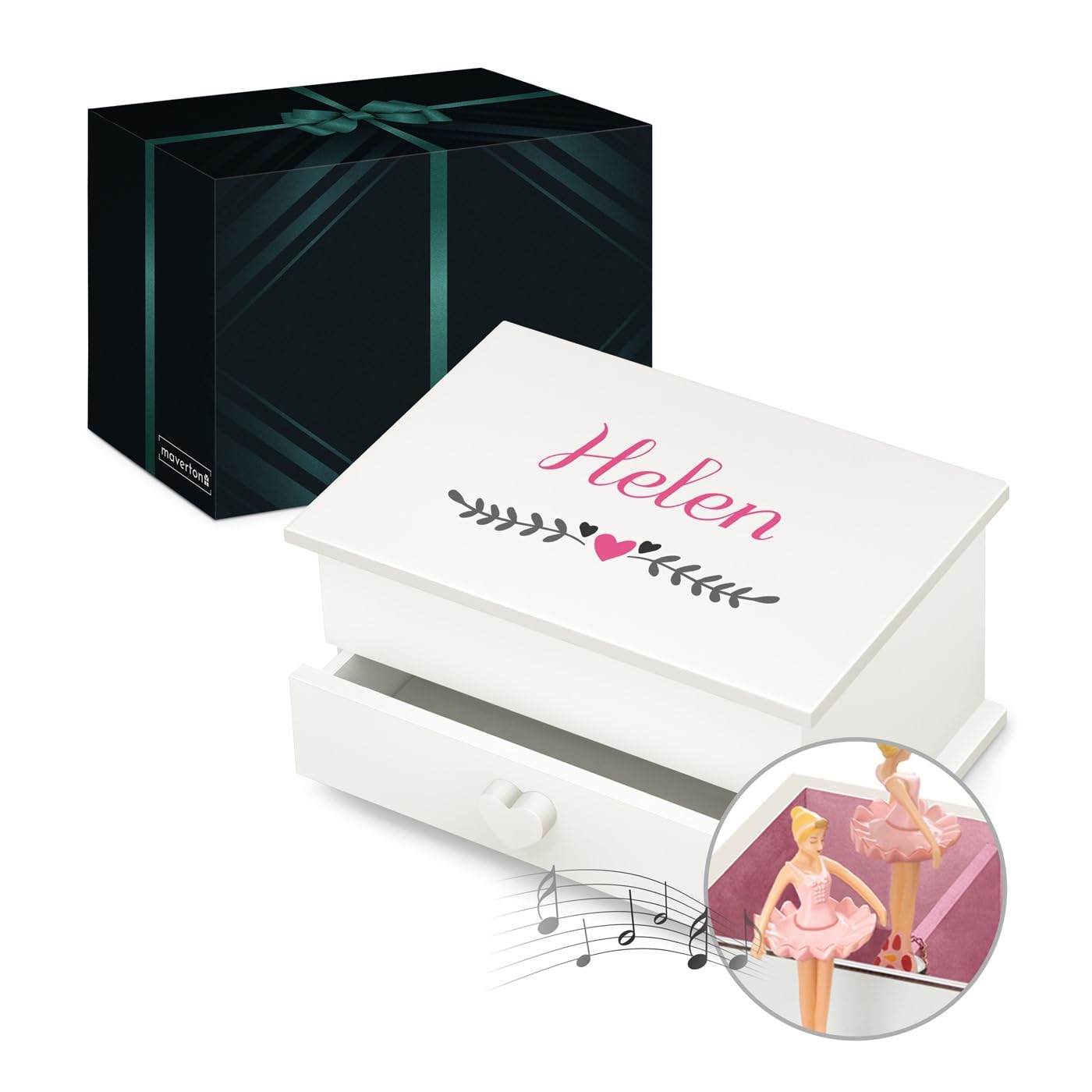 Maverton Personalised Music Ballerina Box for woman - Box with Drawer for lady - Wooden Jewellery Box with customisation - Overprinted White Organiser for Birthday for her - Heart
