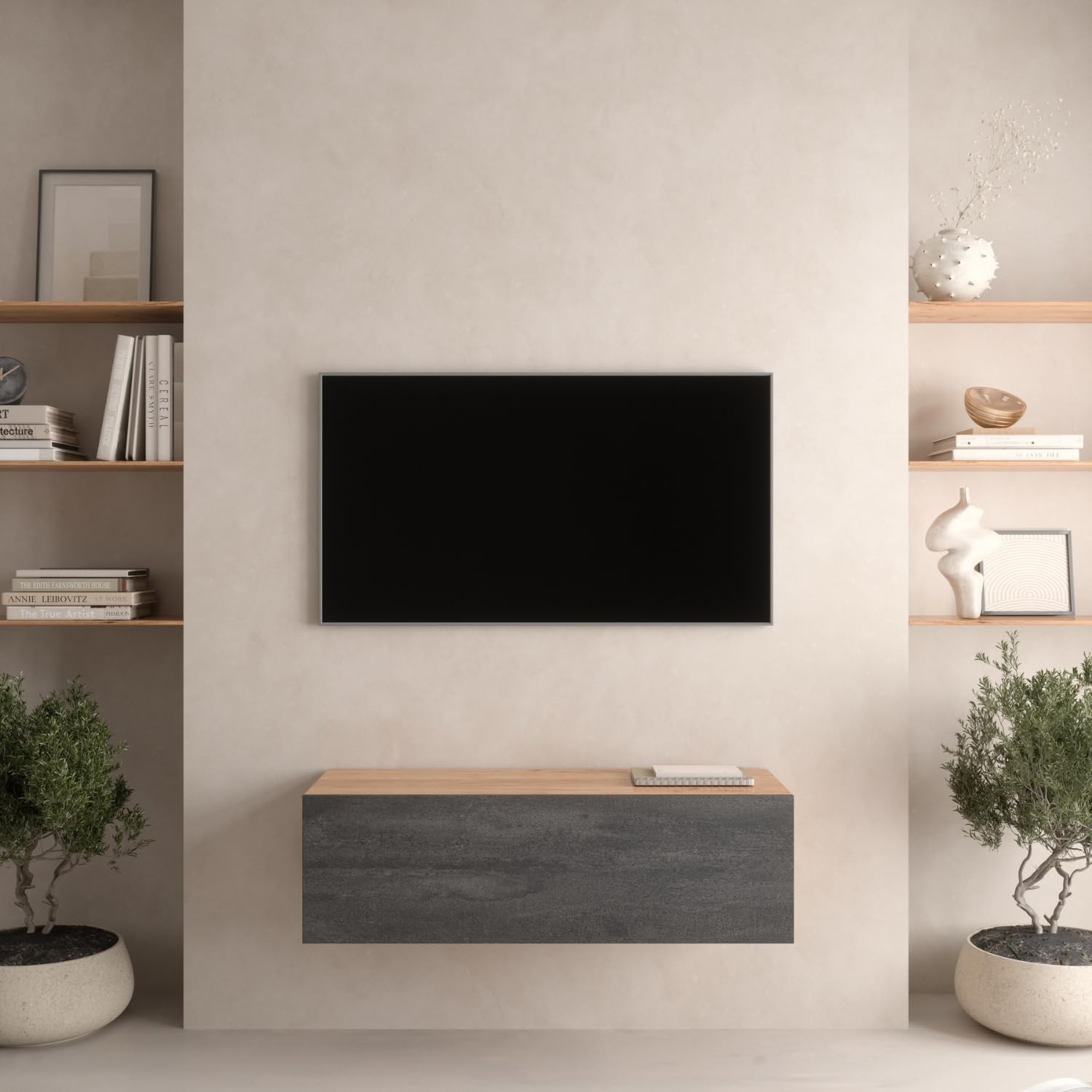 Planetmöbel Meuble TV West, Table TV 100 cm de Long, Meuble Tele Suspendu ou posé au Sol, Table Television pour Salon, Meuble TV 37,8 x 100 x 30 cm, chêne doré Noir Charcoal