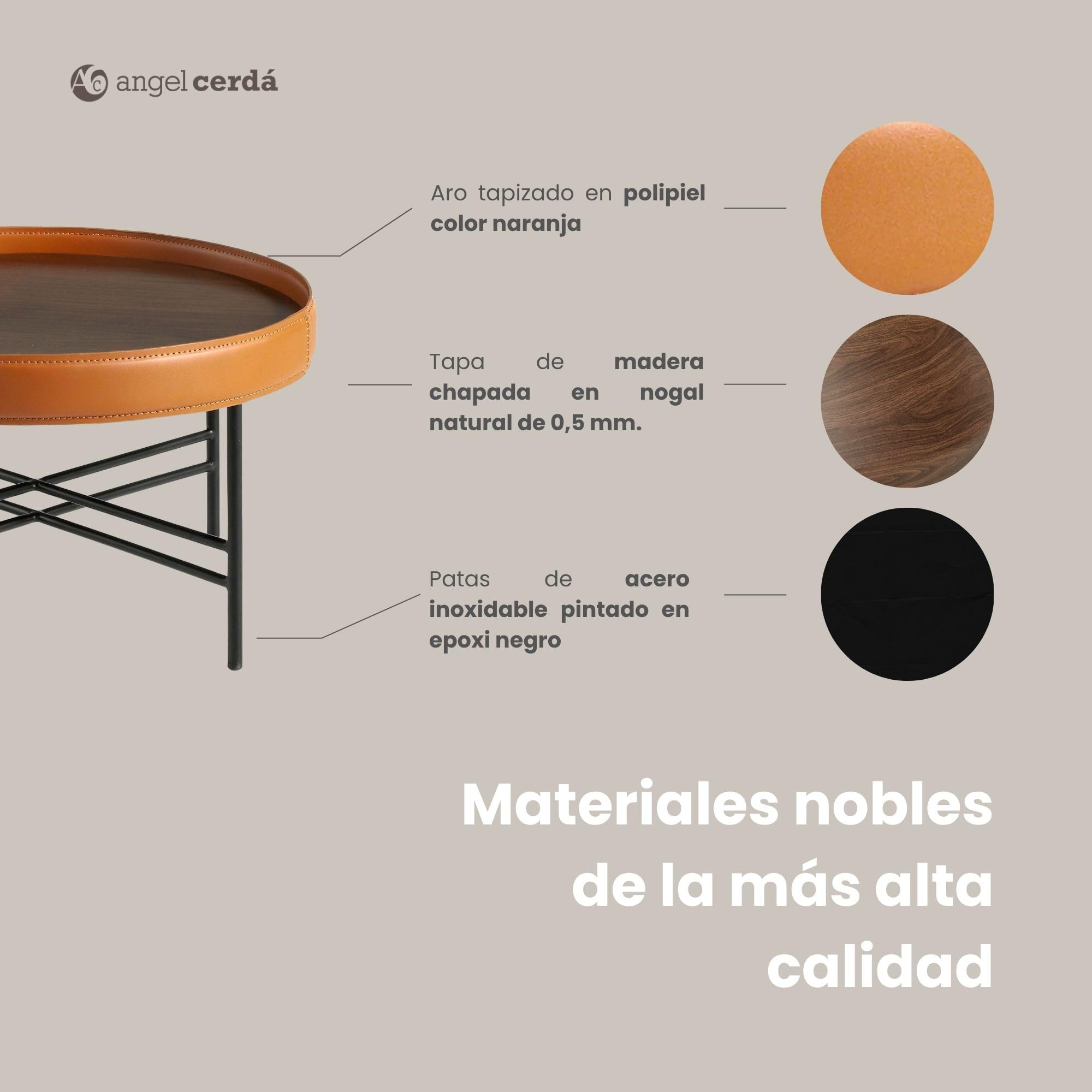 Angel Cerdá – Mesa Centro Diseño Tapa de Piel Vacuno Coñac y Madera de Nogal Natural | Mesa de Centro Redonda Contemporánea, Elegante | Patas de Acero Oscurecido | Ideal para Salón | Ø62 x 35 cm
