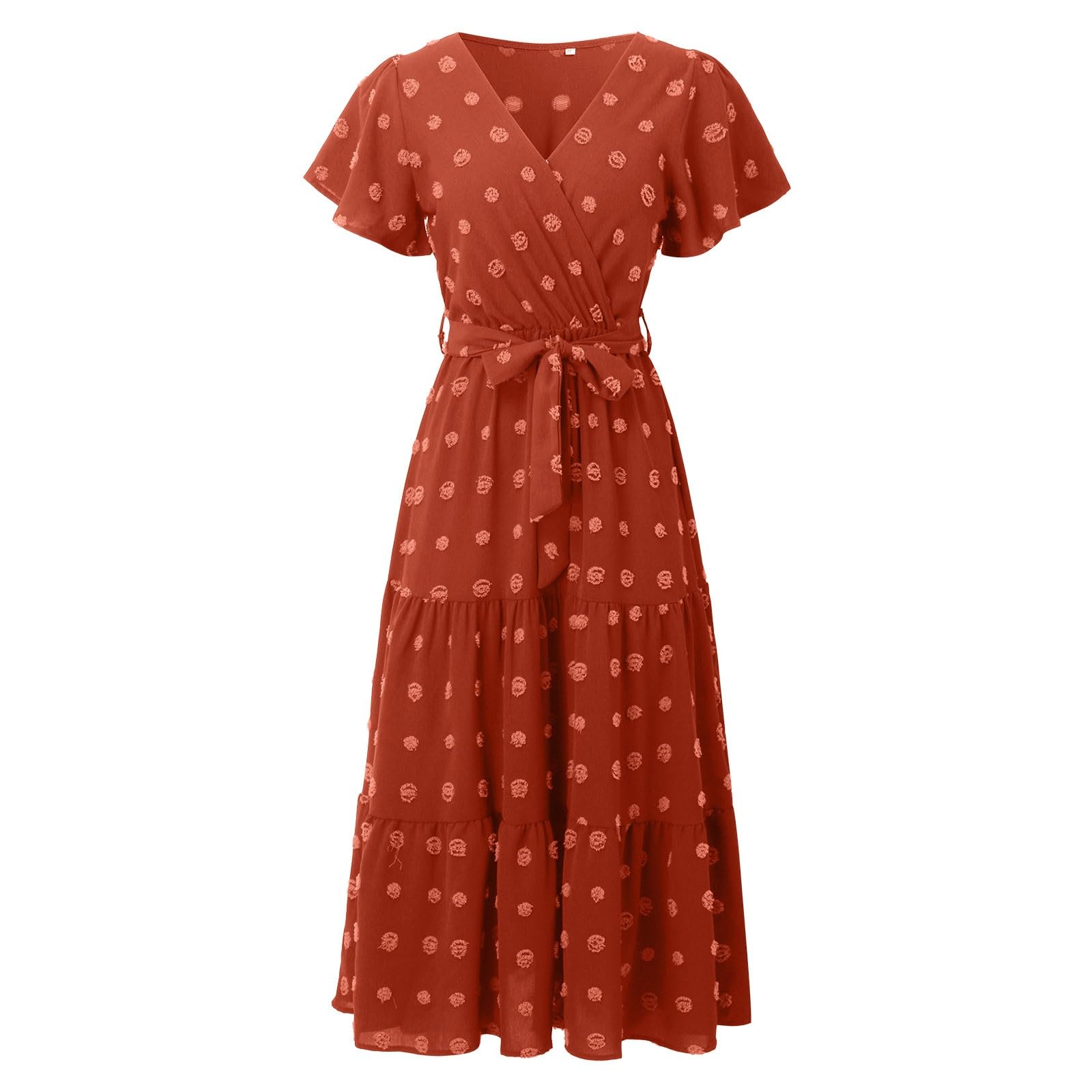 Robe longue bohème à pois pour femme, col en V, flutte, manches courtes, couleur unie, ceinture à nouer, ligne trapèze, robe longue