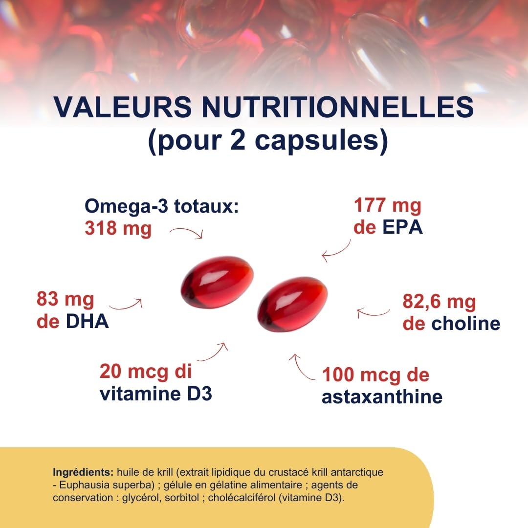 Omégor Krill D3 - Supplément alimentaire à l'huile de krill - Formule oméga 3 super concentrée - vitamine D3 et vitamine E - Pour dents et os - avec choline précieuse pour votre cerveau - 60 gélules
