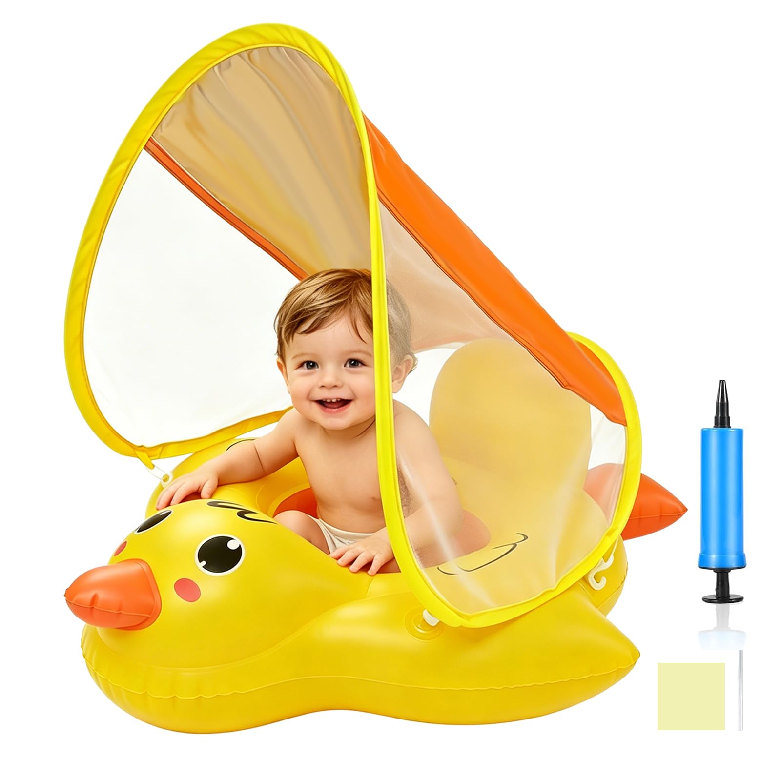 Qingning Galleggiante Neonato con Parasole Rimovibile, Anatra Salvagente Gonfiabile con Sedile di Sicurezza per Bambini, Galleggianti da Piscina Baby con Protezione Solare, Salvagente per Neonati