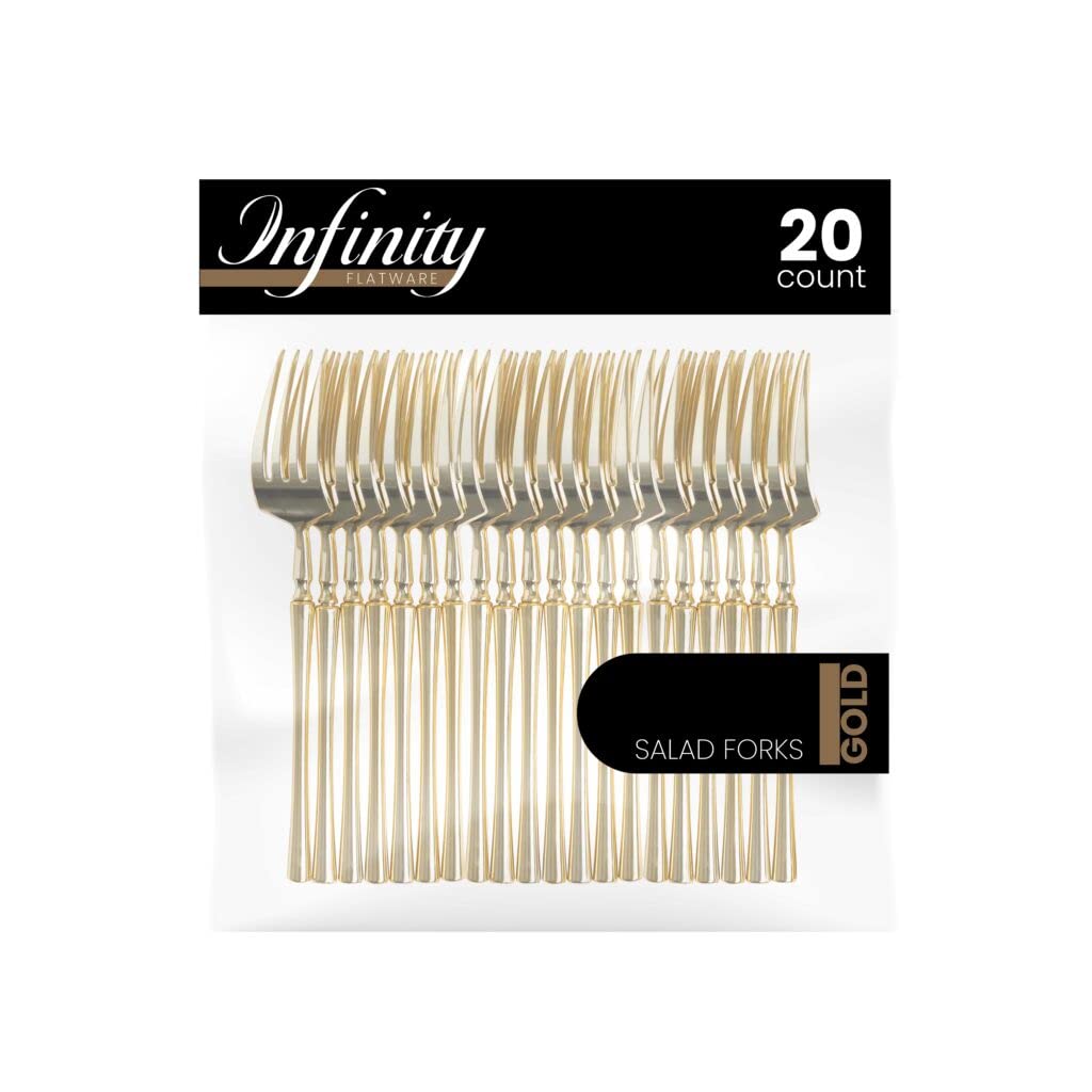 Party Bargains Disposable Plastic Flatware Salad Forks Utensils, 40 Pack, Gold, Infinity Modern Design Kitchen Silverware Cutlery, Perfect for Dinner, Parties, Buffet, Catering, Wedding