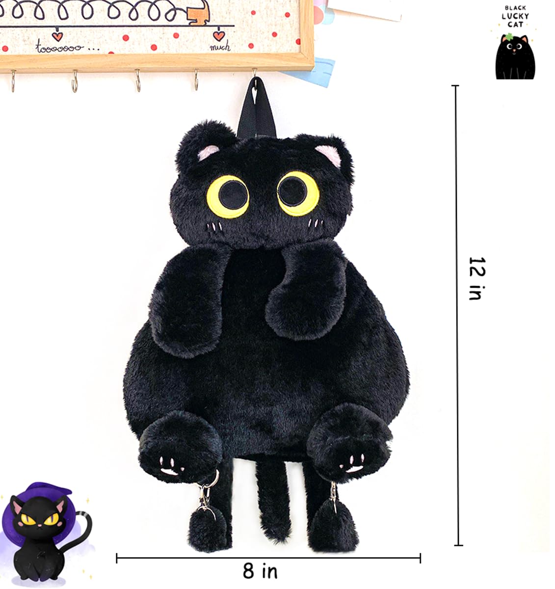 IYOOCSS Girls Black Cat Plush Backpack – Stuffed Animal Cat Bag with Adjustable Straps, Perfect for Birthday Travel & Gifts (Black Cat)