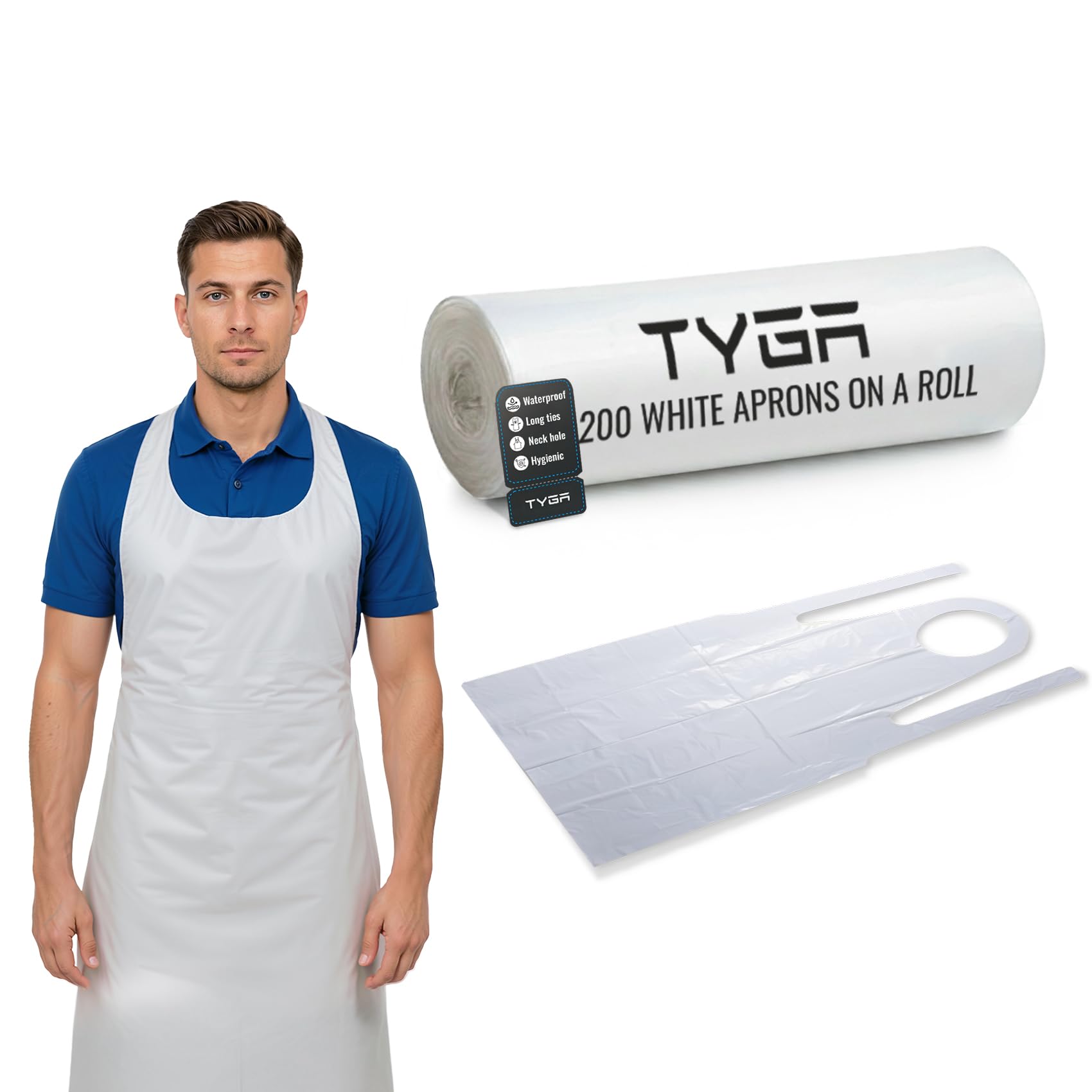 TYGA Store | 200 tabliers blancs jetables sur un rouleau – Tablier facile à distribuer pour médical, nettoyage, peinture, coiffeurs, pâtisserie et chefs – EPI (rouleau de 200) (1)