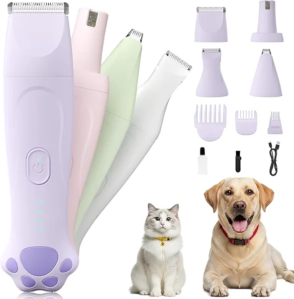 Veeconn Dog Paw Trimmer - 4-in-1 Dog Clippers Grooming Kit with Low Noise & IPX7 Waterproof Design Includes Comb Paw Trimmer Nail Grinder - Rechargeable & Cordless Pet-Friendly Clipper (Purple)