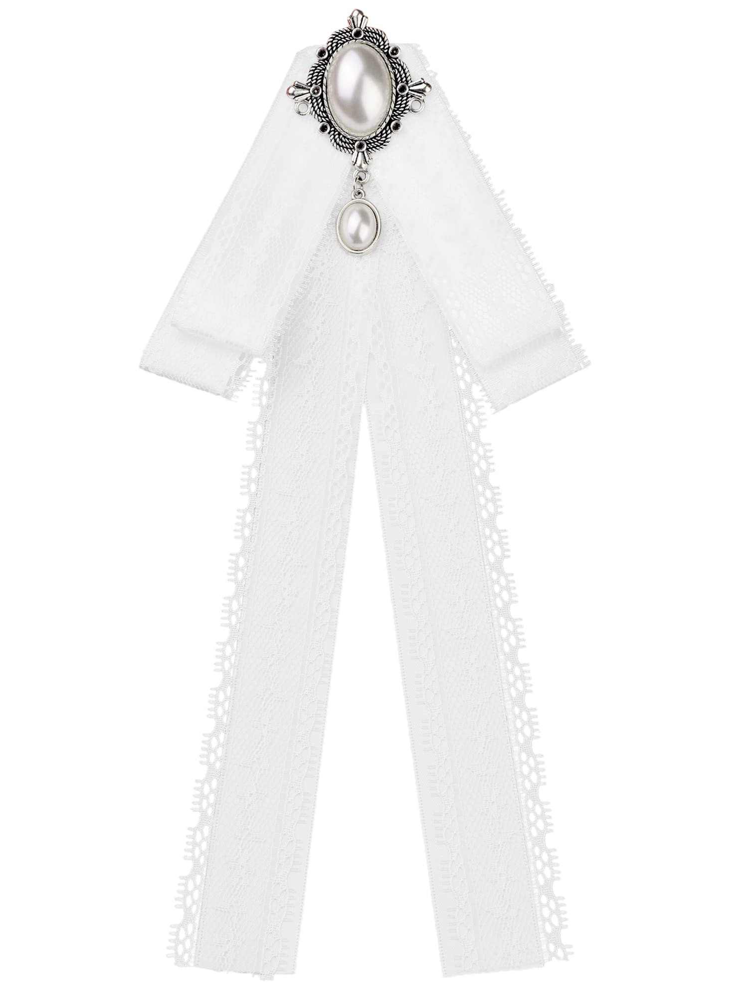 Elerevyo Women's White Lace Pre-Tied Bow Tie Retro Bowknot Pin Bowties Satin Brooch One Size