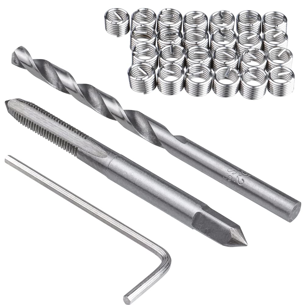 Mesee Kit di 30 Pezzi Riparazione della Filettatura M5, Set di Riparazione con Punta Elicoidale, Tap Filettato, Chiave, Inserti Filettati in Acciaio Inossidabile per Riparazione Filetti Danneggiati