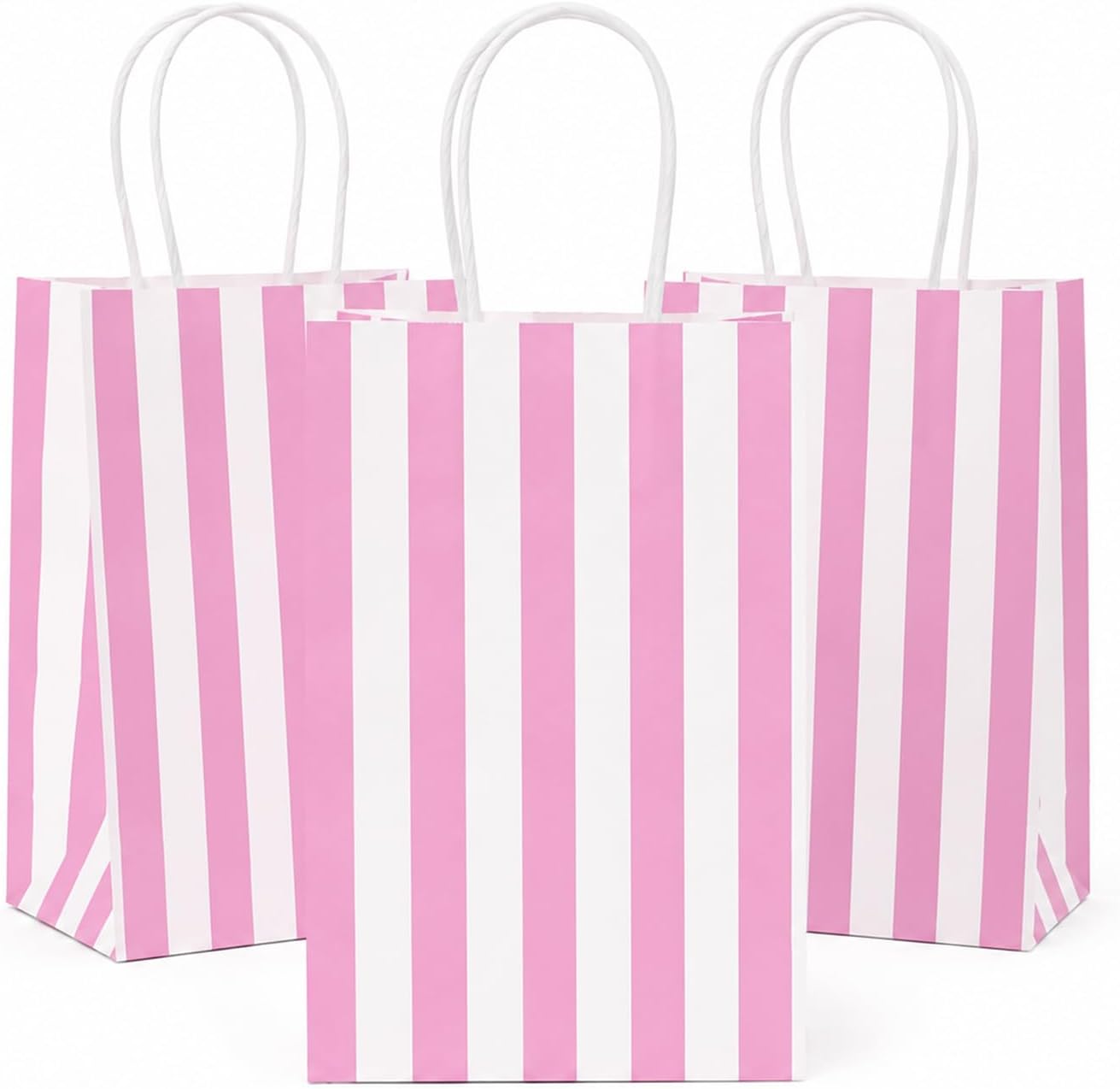 – Ronvir 50pcs Small Gift Bags,Pink Striped Kraft Paper Bags with Handle | 14x8x21cm,Durable & Recyable,Multipack for Party Favor,Birthday,Shopping,Goodie,Graduation,Wedding,Baby Shower,Christmas