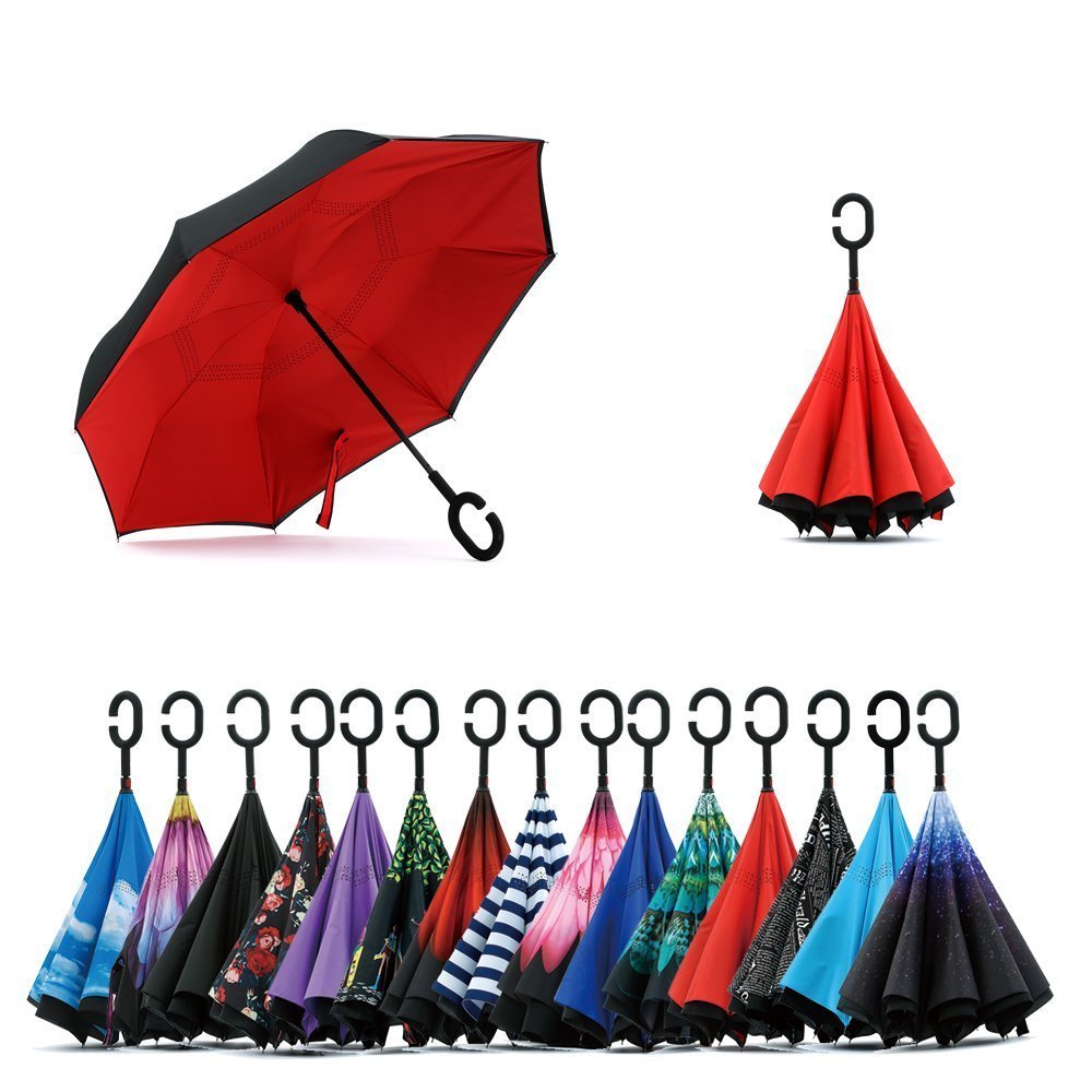 Odwrócona dwuwarstwowa warstwa parasola, uchwyt w kształcie litery C składany odwrócony parasol, odporny na promieniowanie UV wiatroszczelny parasol podróżny