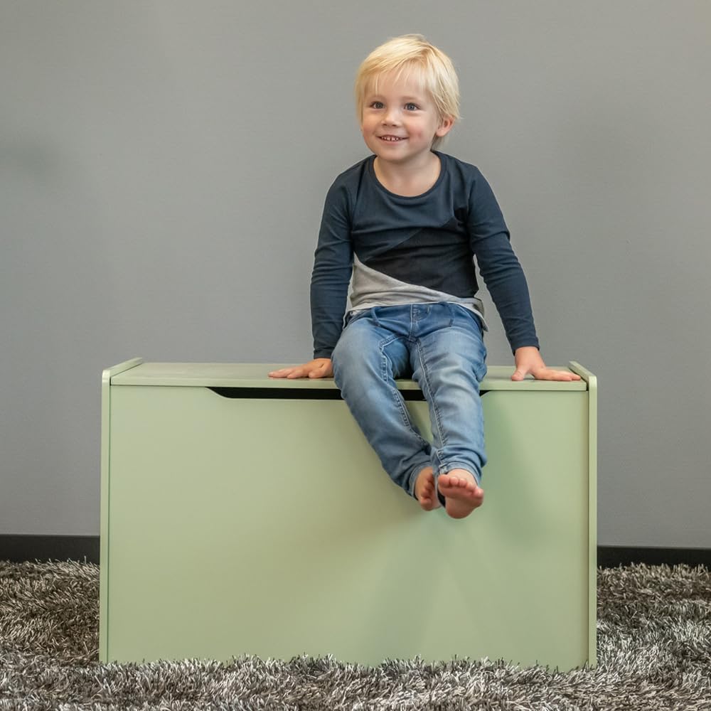 Bandits & Angels Holzspielzeugkiste Aufbewahrungsbox XL Retro Grün – Sicherer Verschluss mit Gasfeder – Maße 80x50x50 cm – Retro Grüne Spielzeugkiste fürs Kinderzimmer