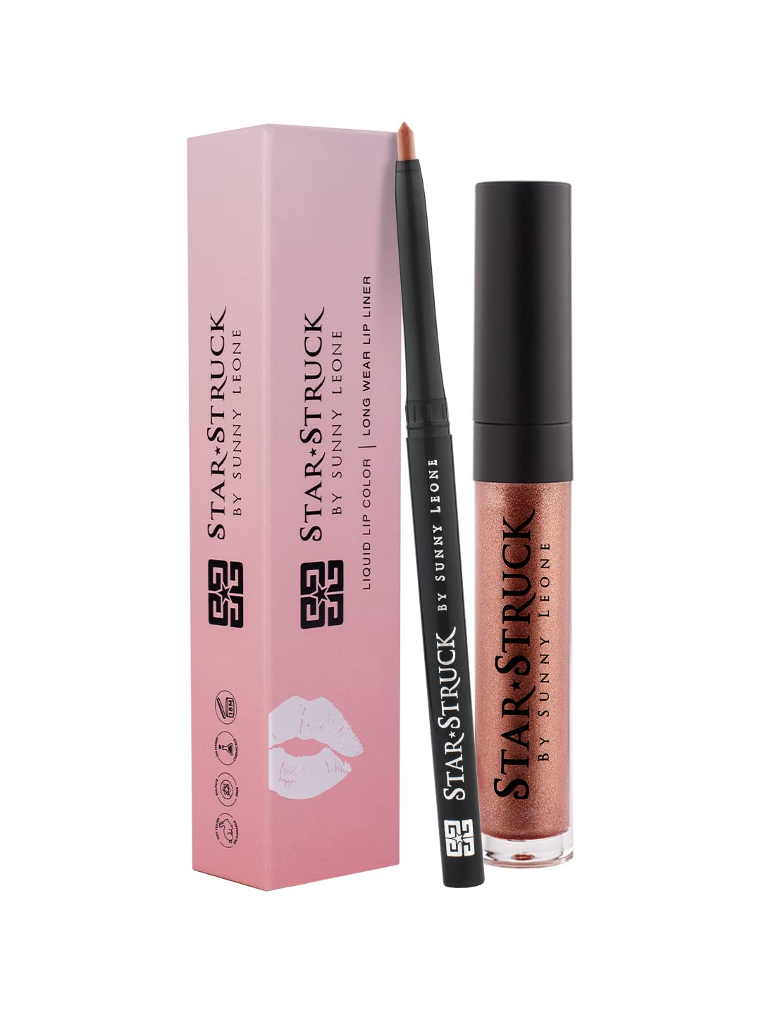 STARSTRUCK BY SUNNY LEONE Glossy 2pc Lip Kit-Highly Pigmented, Clear Shine & Non-Sticky Formula Gloss with Longwear, One Stroke Application Liner-Bronze Beauty