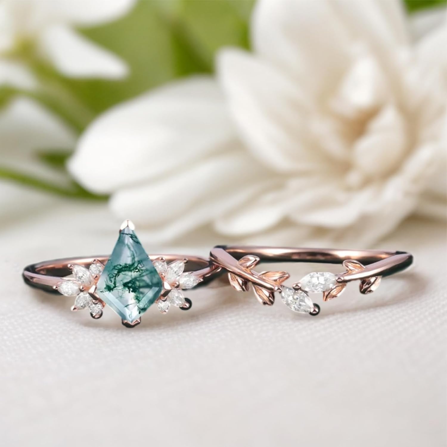 10K 14K 18K Rose Gold Natural Moss Agate Rings Set for Women Sterling Silver 2CT Kite Cut Moss Agate Engagement Ring Wedding Ring Set Size 4-12