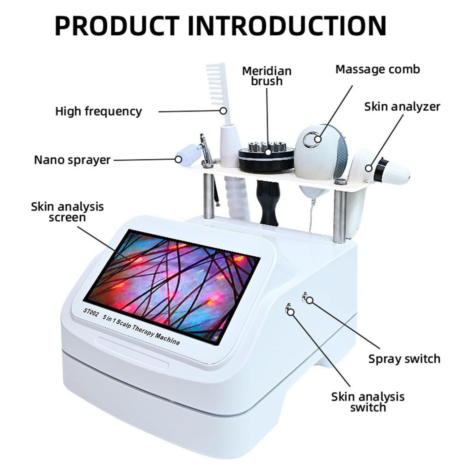Analyseur Peau 5 En 1, Testeur Professionnel D'huile Et D'humidité Des Follicules Pileux Masseur Cuir Chevelu, Détecteur Haute Définition Analyseur Cuir Chevelu, Détection À 360 ° Pour Salon,200X