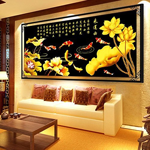 Point de croix fleur de lotus poisson style chinois canevas C0161 - 3