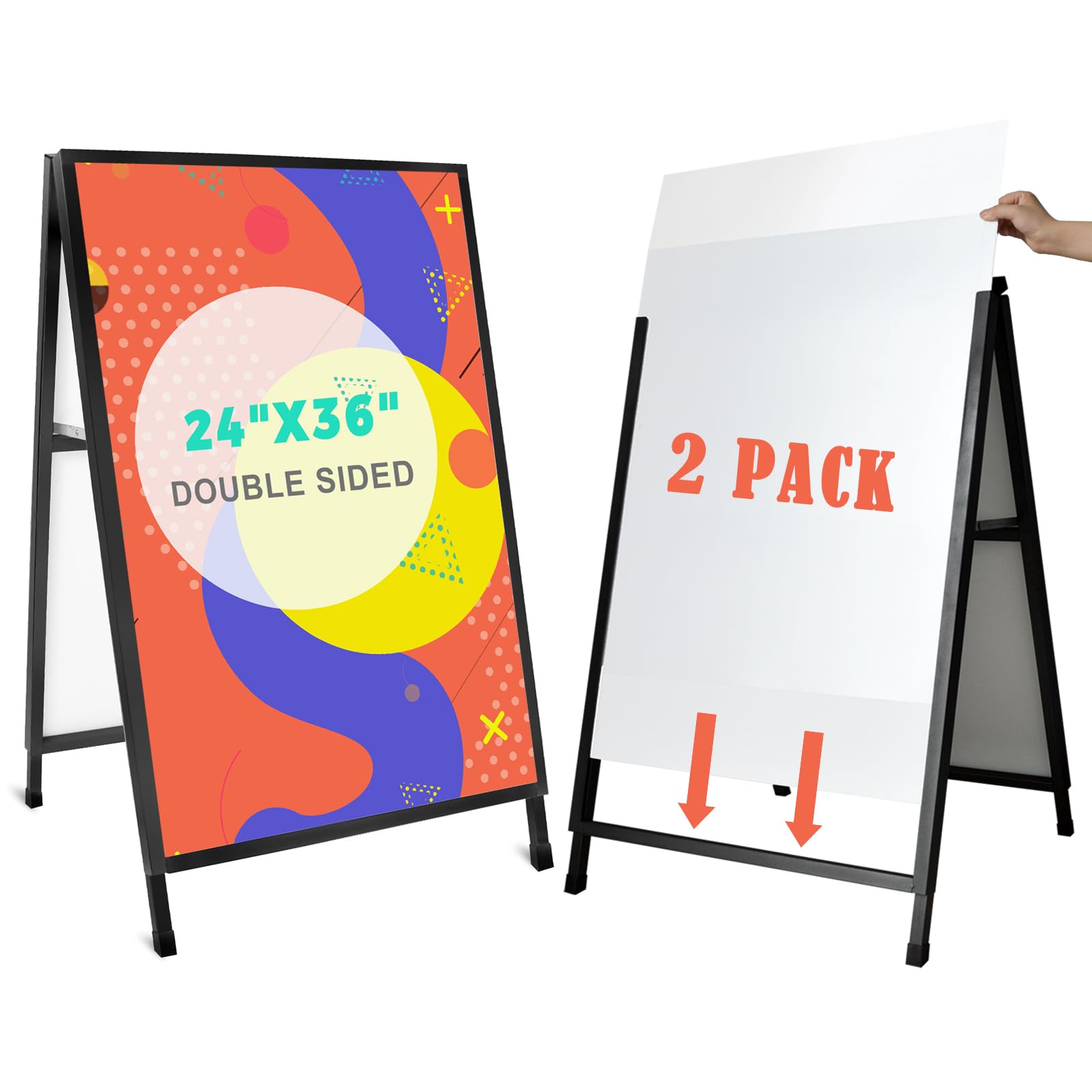 A Frame Sidewalk Sign 24x36 Inches Sandwich Board Signs Outdoor, Heavy Duty Double-Sided A Frame Sign Holder with 2 Anti-Glare Covers & Corrugated Plastic Boards, 2 Pack