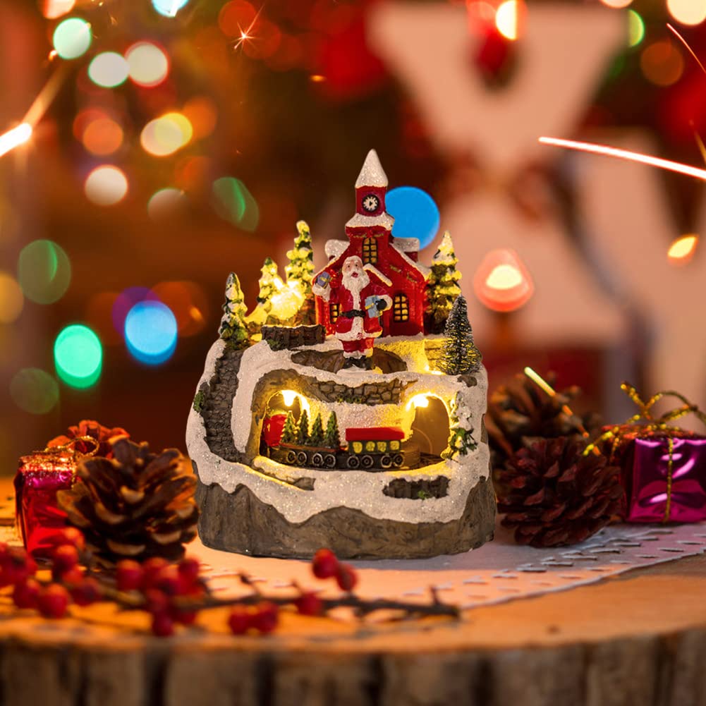 Uposao Decoración de Navidad LED Papá Noel muñeco de nieve resina con iluminación, música, casa de Navidad, miniatura, pueblo de Navidad, decoración con decoración de nieve, escena de Navidad, mesa