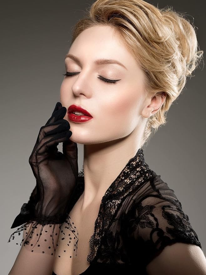 Black Lace Gloves for Women - 1920s Elegant Short Mesh Bridal Wedding Gloves for Tea Party, Dinner, Opera2