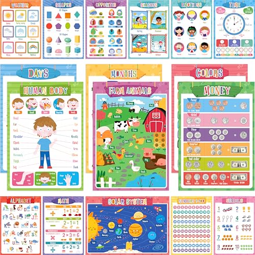 Image of 17 Educational Posters for Kids, All-in-One Set Learning Posters-Alphabet, Animals, Numbers, Colors, USA & World Map, Shapes, PET Film Coated School Supplies For Kindergarten, Preschool, Classroom