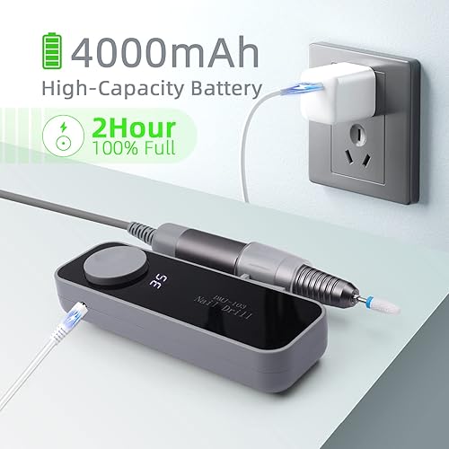 Miniatura 4 de SAVILAND Taladro de uñas eléctrico 35000RPM lima de uñas portátil, recargable, gris, herramienta de manicura y pedicura, kit de suministros de uñas,