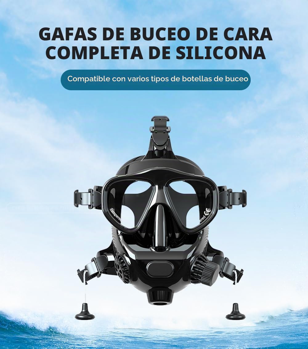 Máscara de buceo para adultos, cara completa con soporte para cámara, máscara de buceo ajustable MODJUEGO 180°, vista panorámica para adultos, antivaho, antifugas, juego superior seco