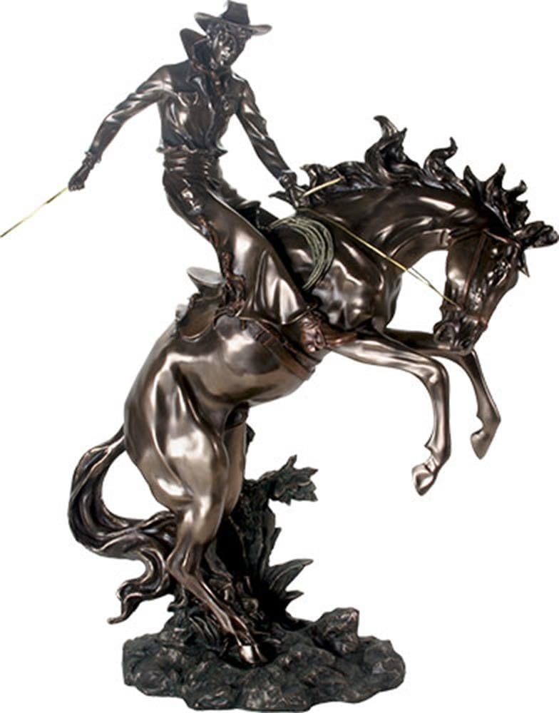 YTC 27 Inch Bronze Colored Bronco Buster Sculpture Standing on Horse