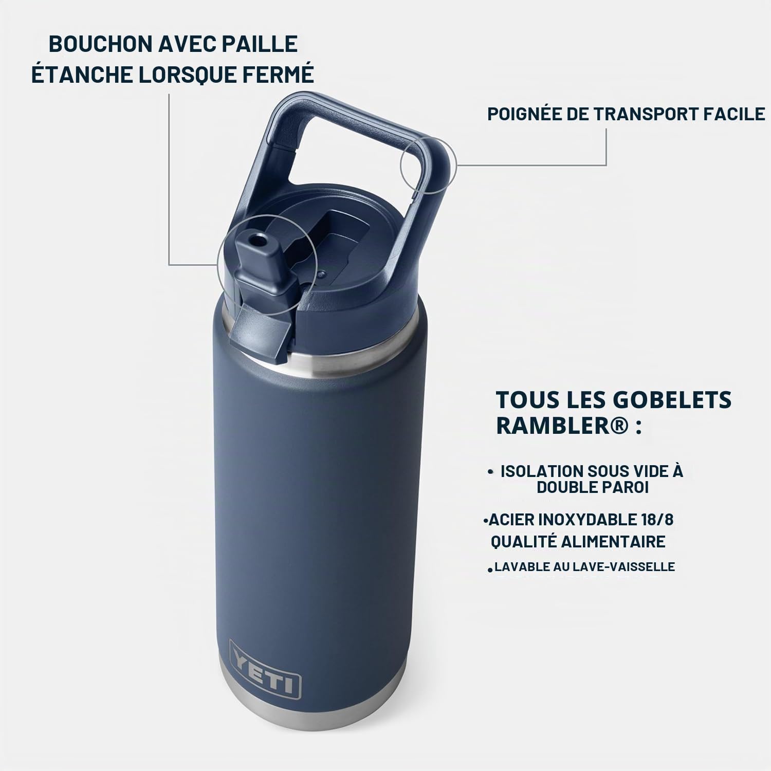 YETI Rambler C Straw Bottle, Stainless Steel Vacuum Insulated Bottle with Straw Cap, Navy, 26 oz (769 ml)