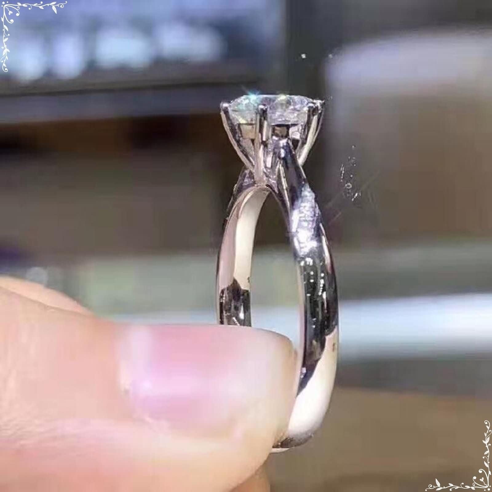 Anillo Compromiso Oro Blanco de 9 Kilates / 14 Kilates / 18 Kilates para Mujer, 6 Garras Redondo con Moissanita, Anillo Boda Plata Mujer