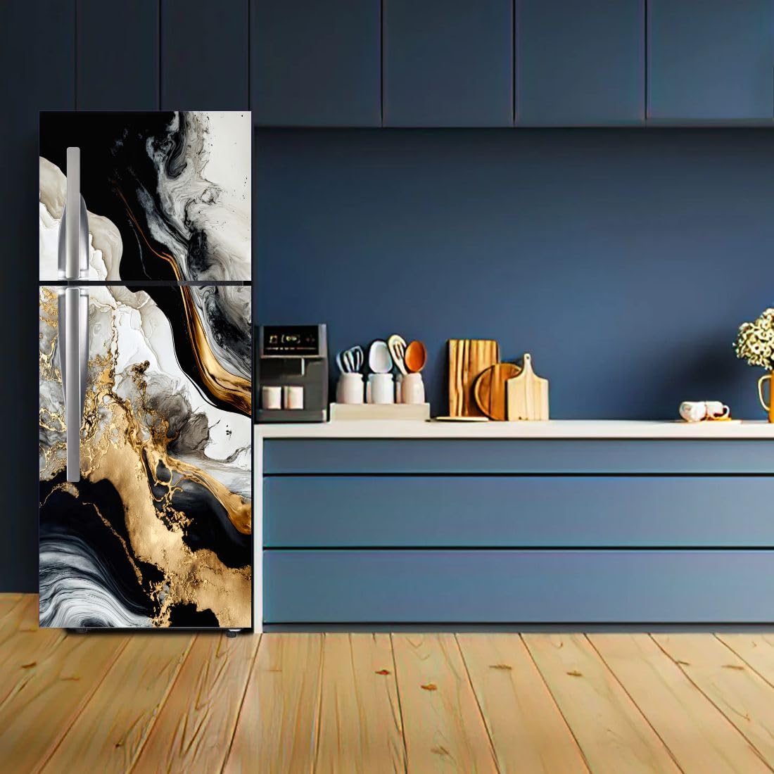 3D Floral Double Door Fridge Sticker | Waterproof Self-Adhesive Vinyl Refrigerator | Door Wrap for Kitchen Décor | Peel & Stick Fridge Cover (63 x 24 Inch) (Abstract Waterfall) 1