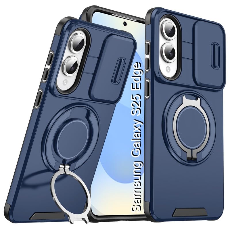 Image of LuxuryKase Shockproof Rugged Case for Samsung Galaxy S25 Edge | Slide Camera Cover | 360 Rotating Ring Kickstand | Military-Grade Protection - Navy Blue
