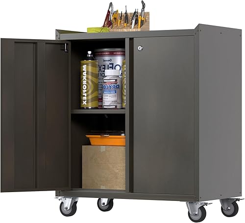 Armario de almacenamiento de metal con ruedas y asa, armario de herramientas de acero con bloqueo con tableros de clavijas y 4 ganchos para garaje,