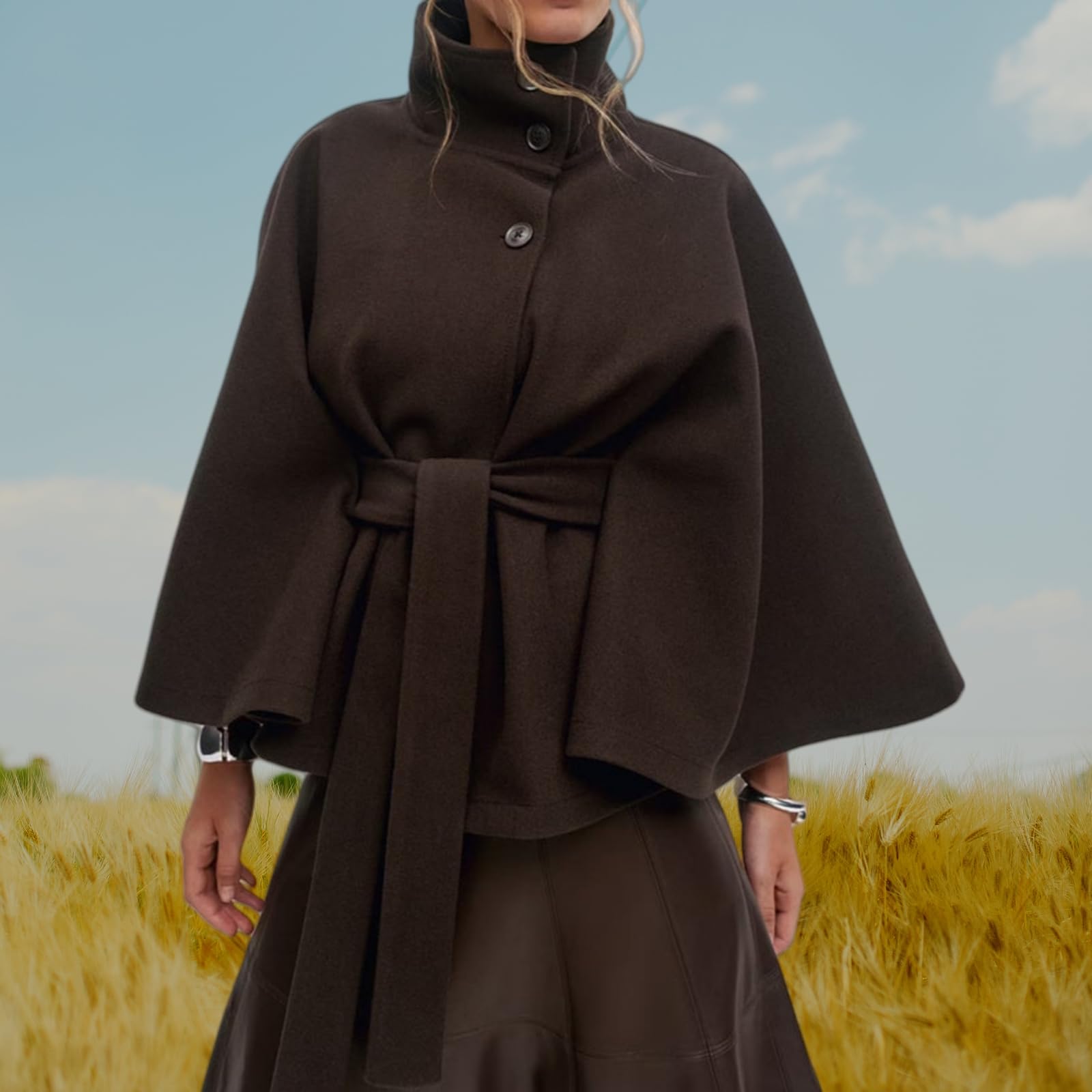 Generisch Poncho De Mujer Con Mangas De Murciélago, Caban Chaqueta Con Cuello Alto Y Cinturón Capa Abrigo Chaqueta, Capa Otoño-Invierno Bufanda Ropa Exterior