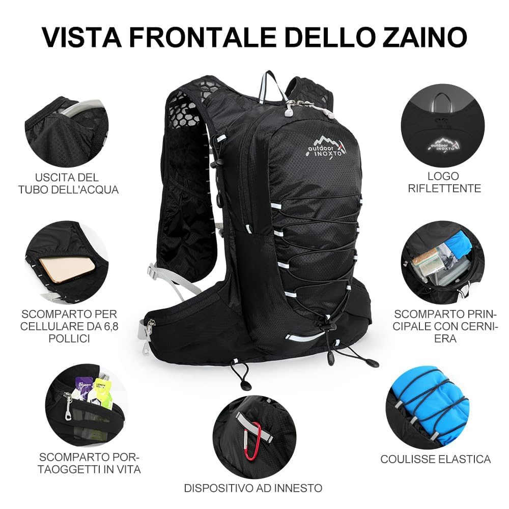 INOXTO Zaino da Corsa 5L - Leggero Zaino Idratazione con Strisce Riflettenti,Rete Traspirante per Outdoor, Maratona, Ciclismo, Alpinismo, Uomoe Donna