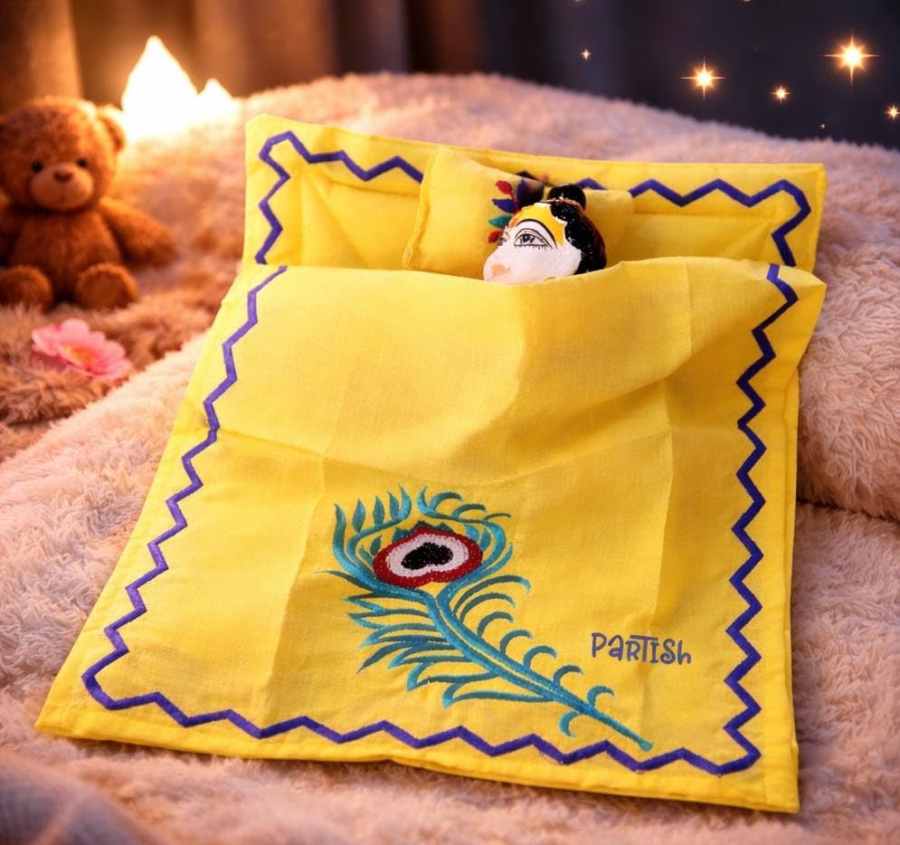 PARTISH Laddu Gopal Premium Cotton Bed for Summers (8 X 10 Inches)| Ladoo Gopal Bister | Kanha Ji Bedding Set| Thakur Ji | Krishna Ji Bistar with 2 Pillow & 1 Top Sheet